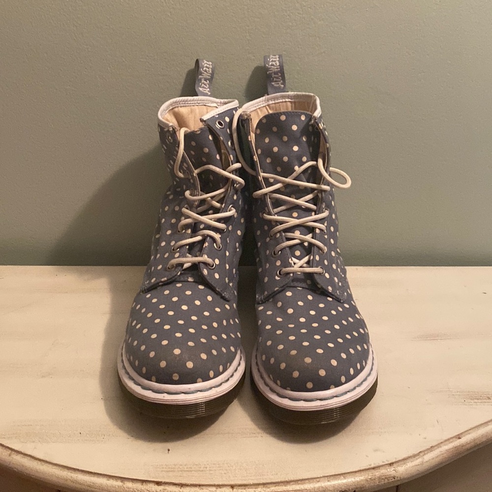 Blue and white polka dot Dr. Martens